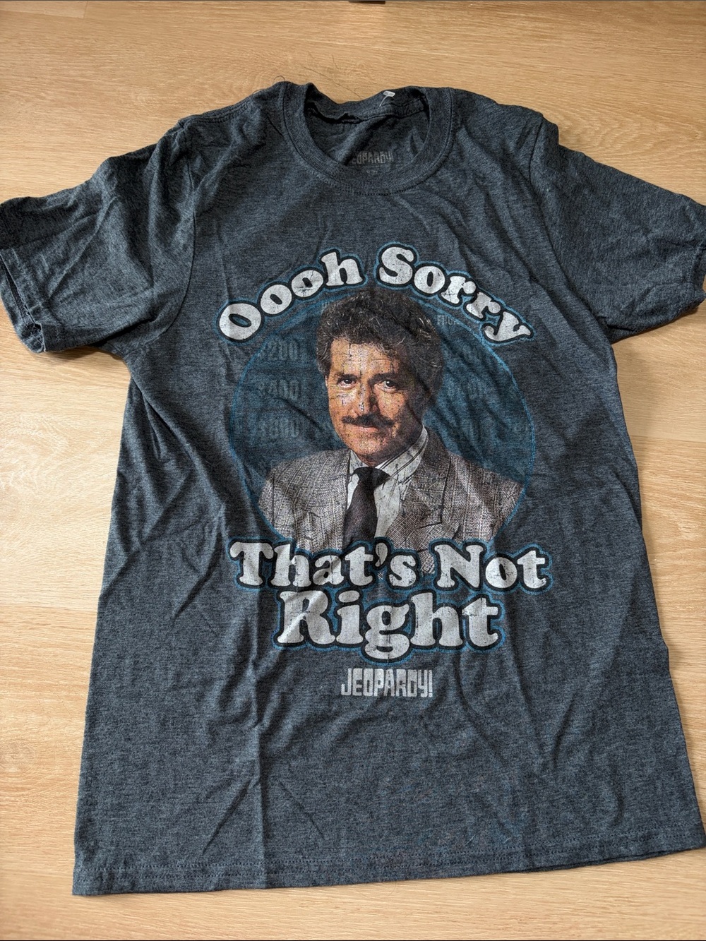 Alex Trebek Jeopardy Graphic Tee “Ooh Sorry” Blue Gray